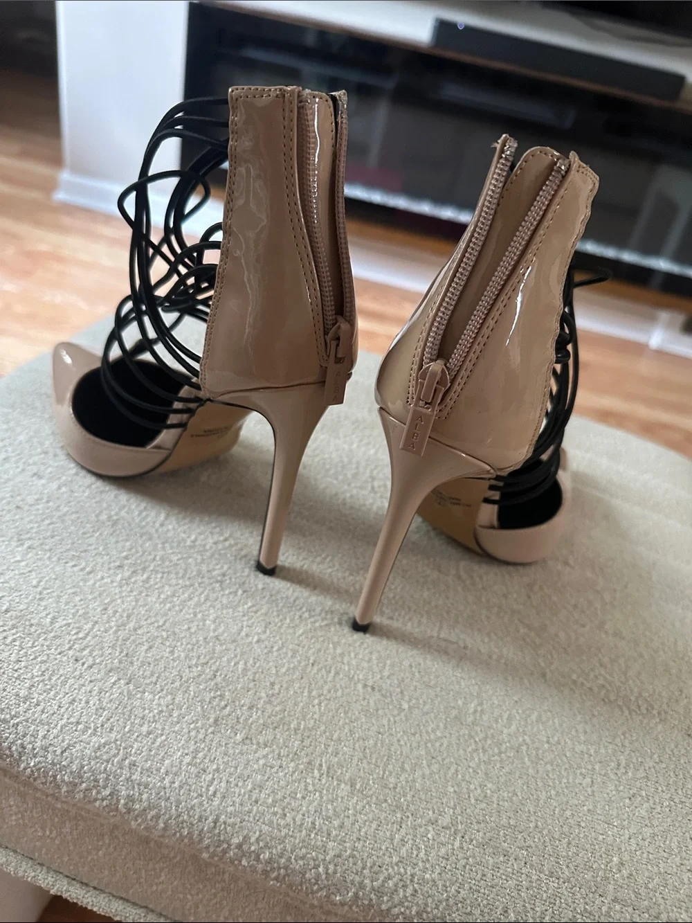 Patent Pointed-Toe Heels in Nude